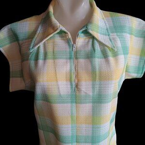 Vintage Womens Large Granny Top 1of1 Handmade Plaid Polyester Zip Neck Collared